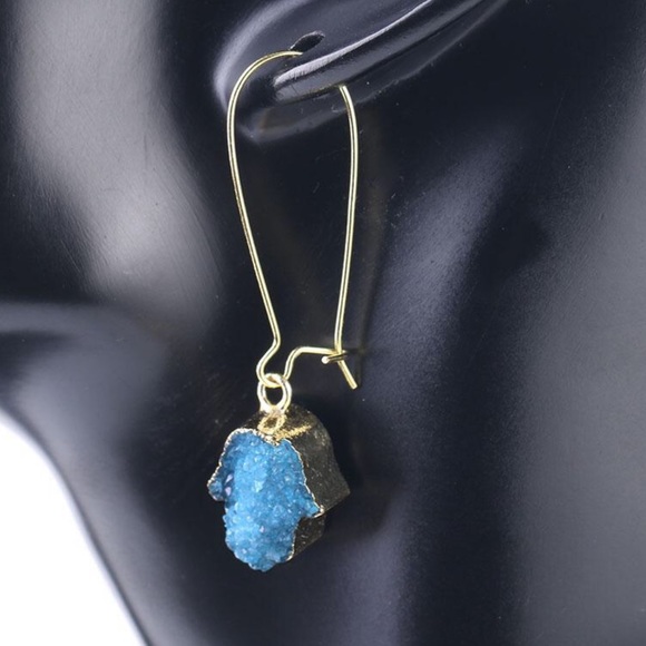 New Handmade Druzy Hamsa Hand Drop Earrings - Picture 2 of 10